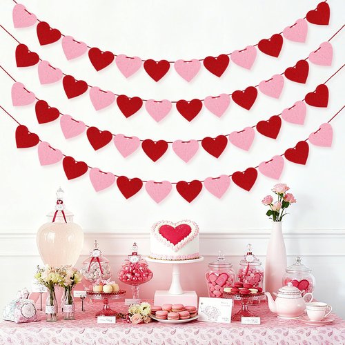 4 Pack Felt Heart Garland Banner, No DIY Valentine's Day Decorations Red Pink Hearts Hanging Banner 9.8ft Galentines Day Heart Felt Decor for Wedding Anniversary Birthday Home Valentine Party Supplies