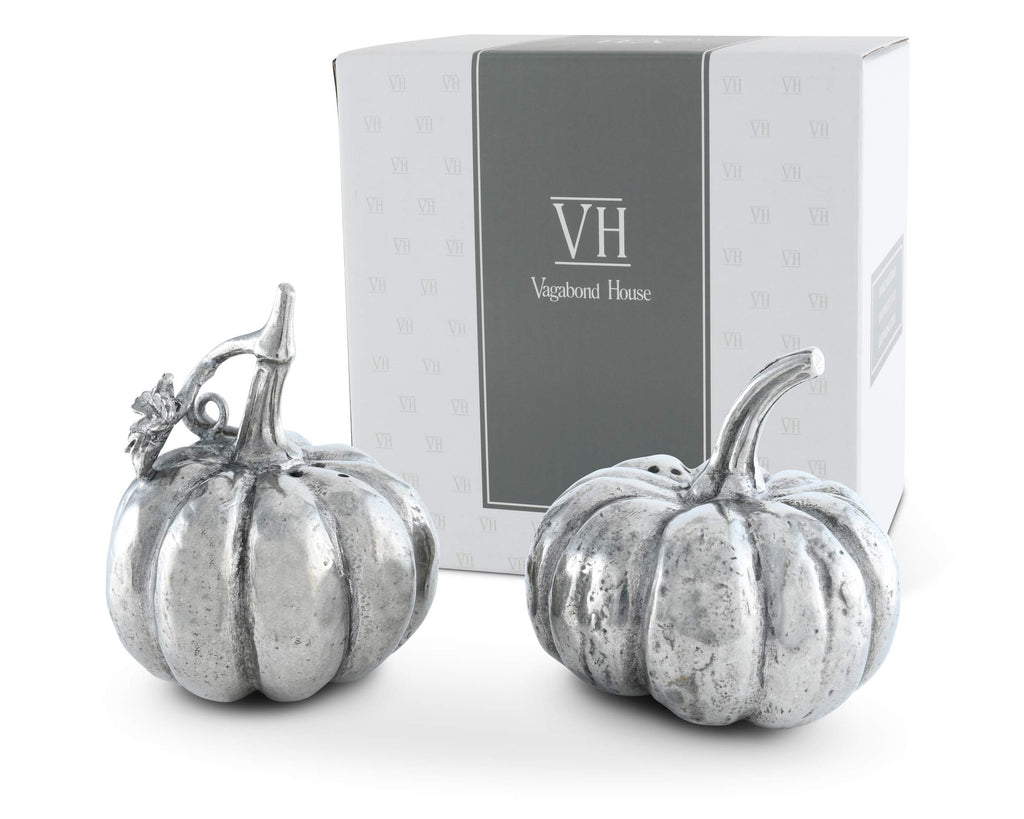Vagabond House Pewter Harvest Pumpkin Salt and Pepper Metal Shaker Set Thanksgiving Fall Tableware S/P Shaker 2.25 inch Tall