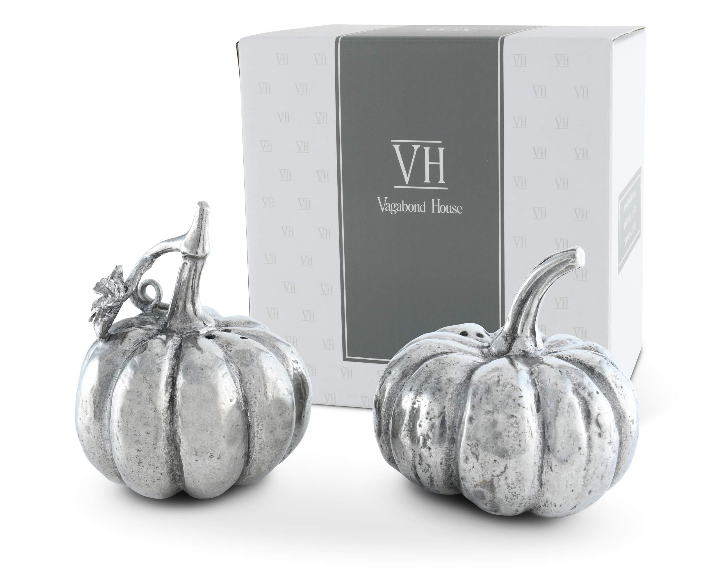 Vagabond House Pewter Harvest Pumpkin Salt and Pepper Metal Shaker Set Thanksgiving Fall Tableware S/P Shaker 2.25 inch Tall