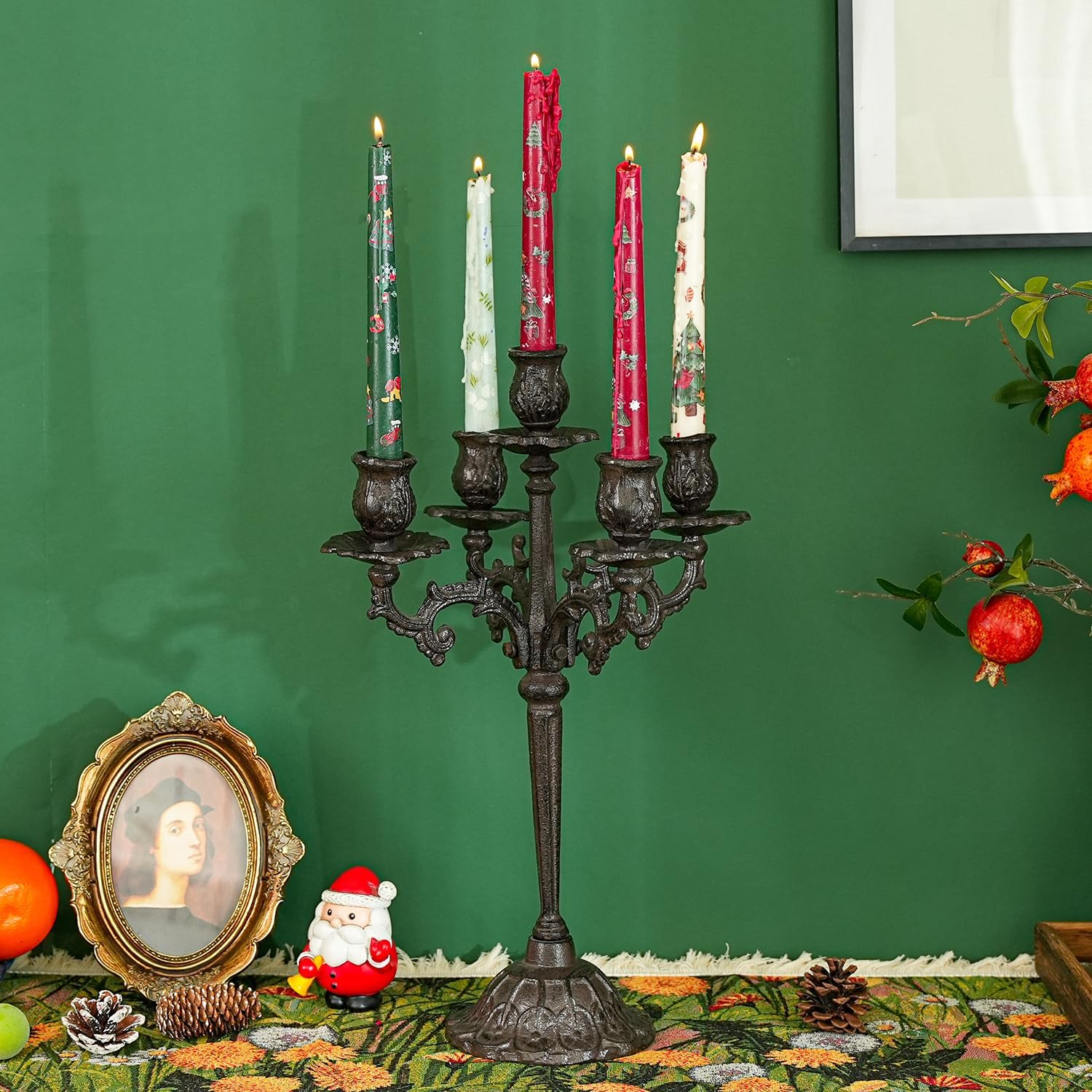 Sungmor Heavy Duty Cast Iron Candlestick Holders - Handcrafted Vintage Candelabra - 17-Inch Tall with 5 Arms for Elegant Home Decor