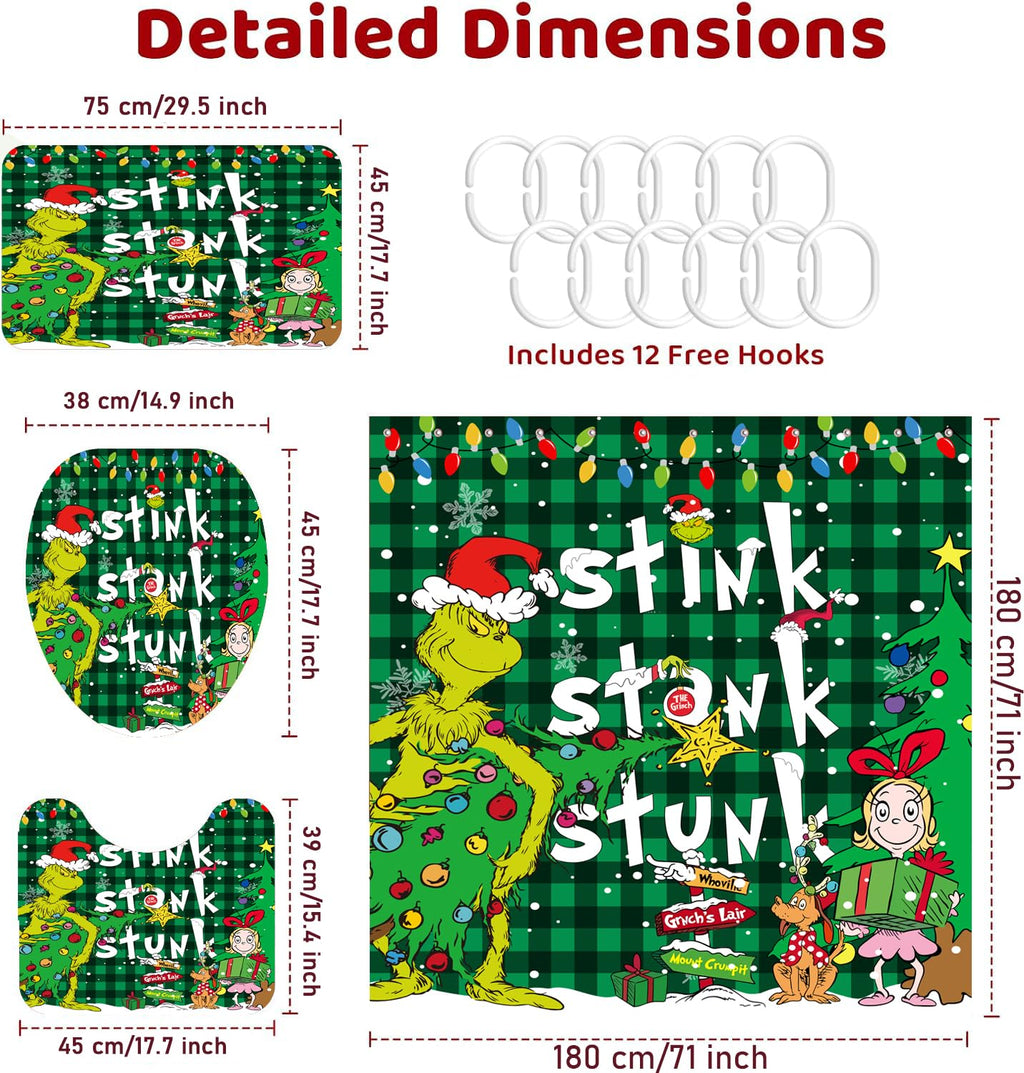 4 Pcs Christmas Shower Curtain Sets with Non-Slip Rugs, Toilet Lid Cover and Non-Slip U Shape Bath Mat, Christmas Bathroom Decor with 12 Hooks Xmas Holiday Home Decor(Green)