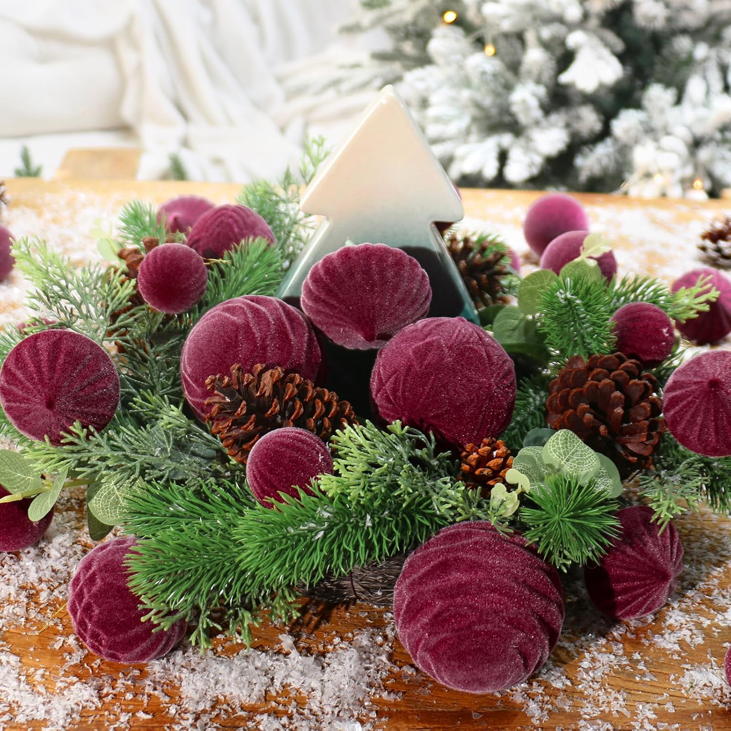 Super Holiday Velvet Christmas Ornaments Set - 35PCS Flocked Shatterproof Hanging Decorations | Burgundy