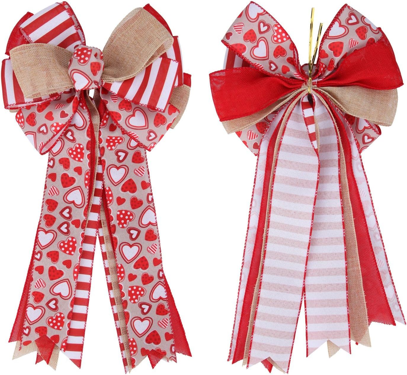 Meseey Valentine's Day Tree Topper Bow - Red Heart Print Burlap Bow for Indoor/Outdoor Decor