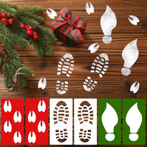 Cholemy Santa Footprint Stencils - 6 Pcs Hollow Out Elf & Reindeer Designs for Holiday Decor