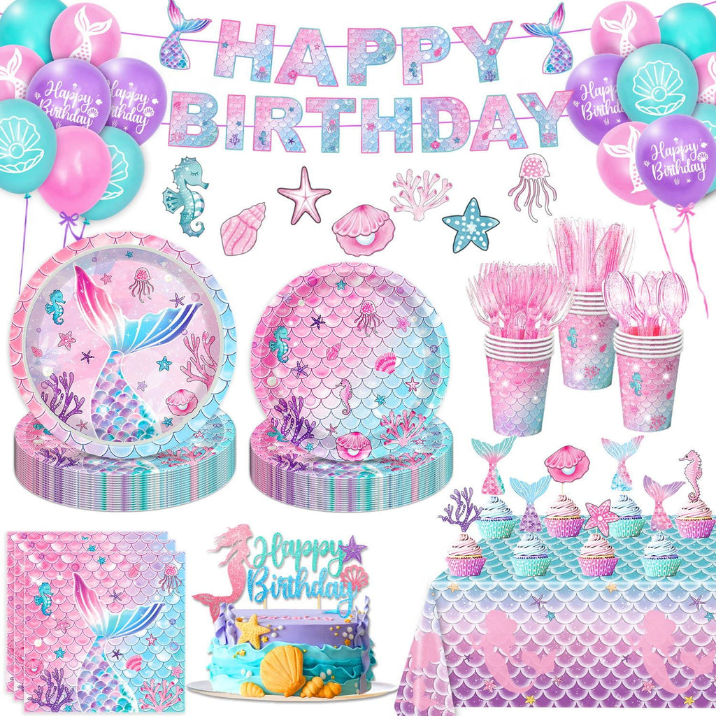 QIYANPAX Mermaid Birthday Decorations Supplies Plates, Napkins, Cups, Cutlery, Banner, Hanging Swirls, Cake & Cupcake Toppers, Balloons, Tablecloth for Mermaid Party Decorations, Serves 20