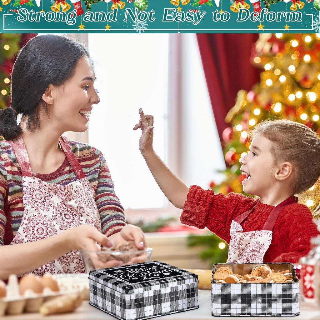 Tandefio 12 Pcs 6.3'' Christmas Cookie Tins Large Cookie Tins with Lids Square Baking Jars for Gift Giving Black and White Plaid Metal Container Holiday Empty Box for Xmas Candy Treat Storage