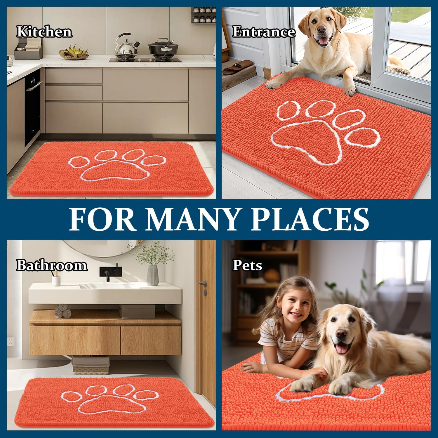 OLANLY Dog Door Mat - Absorbent Non-Slip Mud Mat for Muddy Paws | 30x20 Coral Paw Print Design