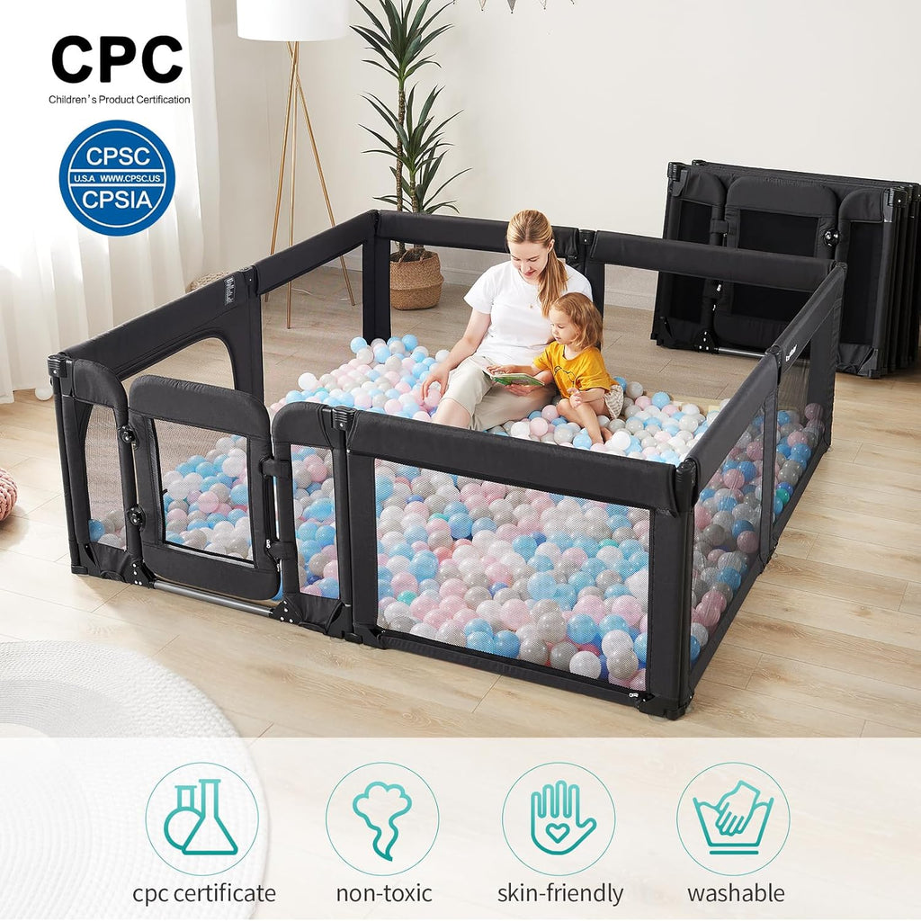 Skiennix Baby Playpen - Foldable Adjustable Play Yard with Door | Heavy-Duty Toddler Playpen, Black
