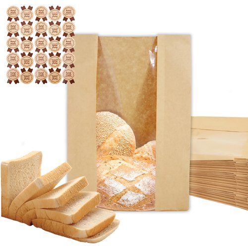 50 Sourdough Bread Bags For Homemade Loaf Kraft Brown Paper Bread Bags with Window and Square Bottom Large Bakery Bag - Reusable and Disposable Square Bottom for Easy Storage of Sandwiches and Bagels