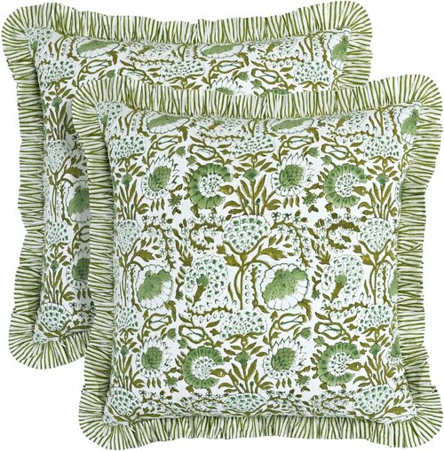 CPC Ruffle Throw Pillow Covers - 100% Cotton Boho Design in Agate Green | 16"x16" | Set of 2 for Living Room & Bedroom