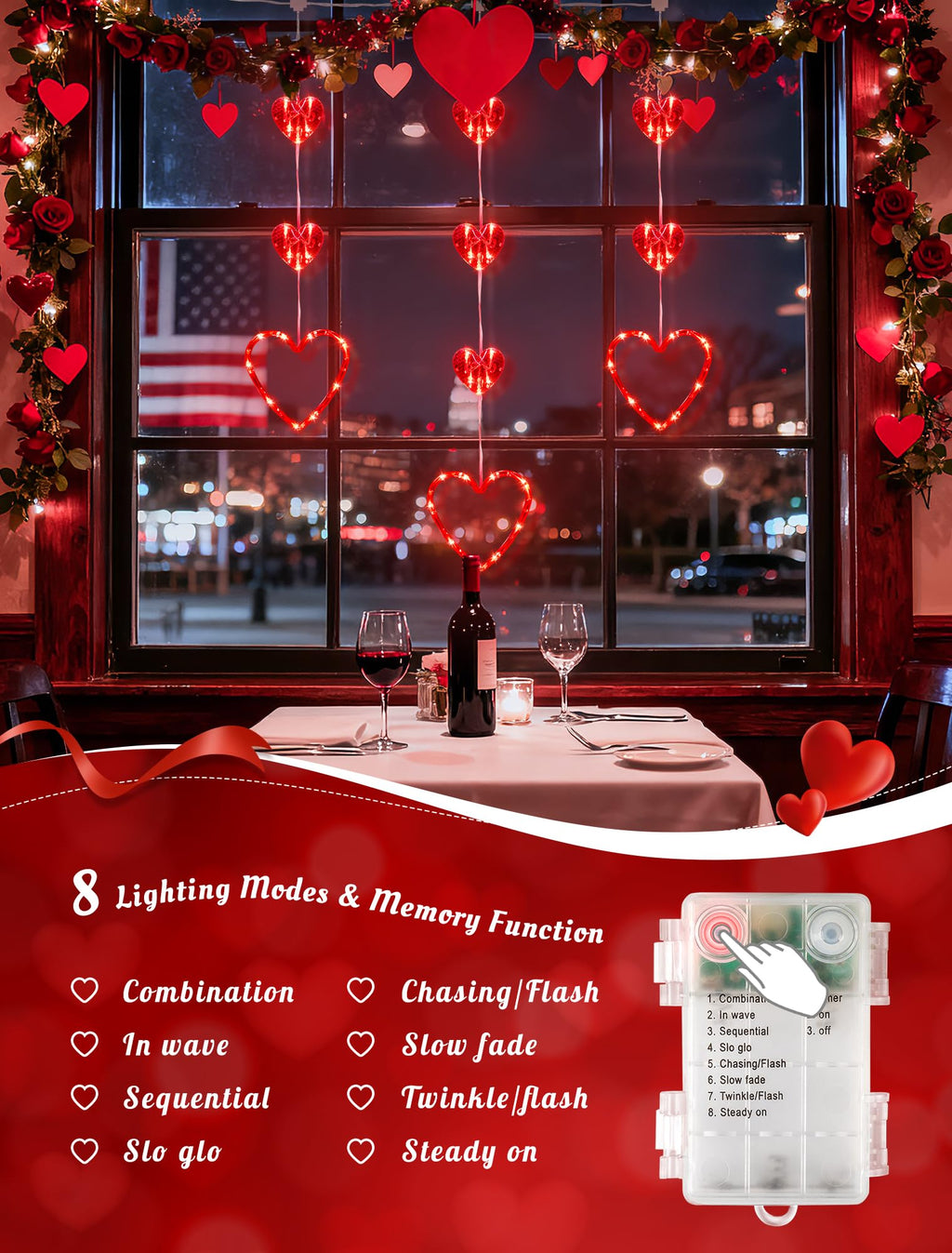 MYGOTO Valentines Day Window Lights, 65 LED 10 Red Heart Lights USB/Battery Operated, Timer Memory with 8 Modes Hanging Valentines Decorations Light for Valentine's Day Anniversary Wedding Decor