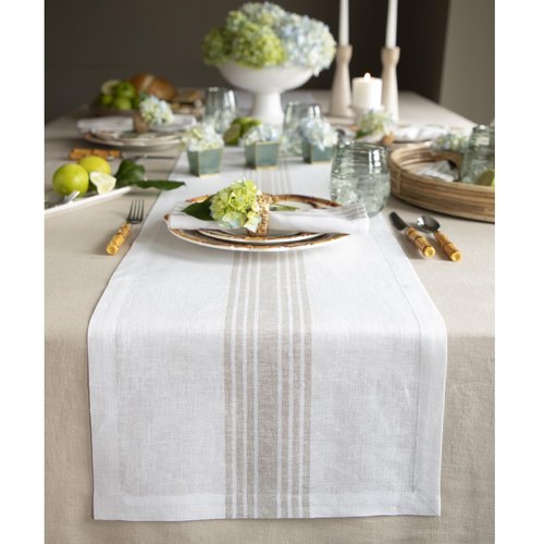 Solino Home Stripe Linen Table Runner 120 Inches Long - 100% Pure Linen Natural and White Farmhouse Table Runner 14 x 120 Inch for Dining, Spring, Easter, Mothers Day