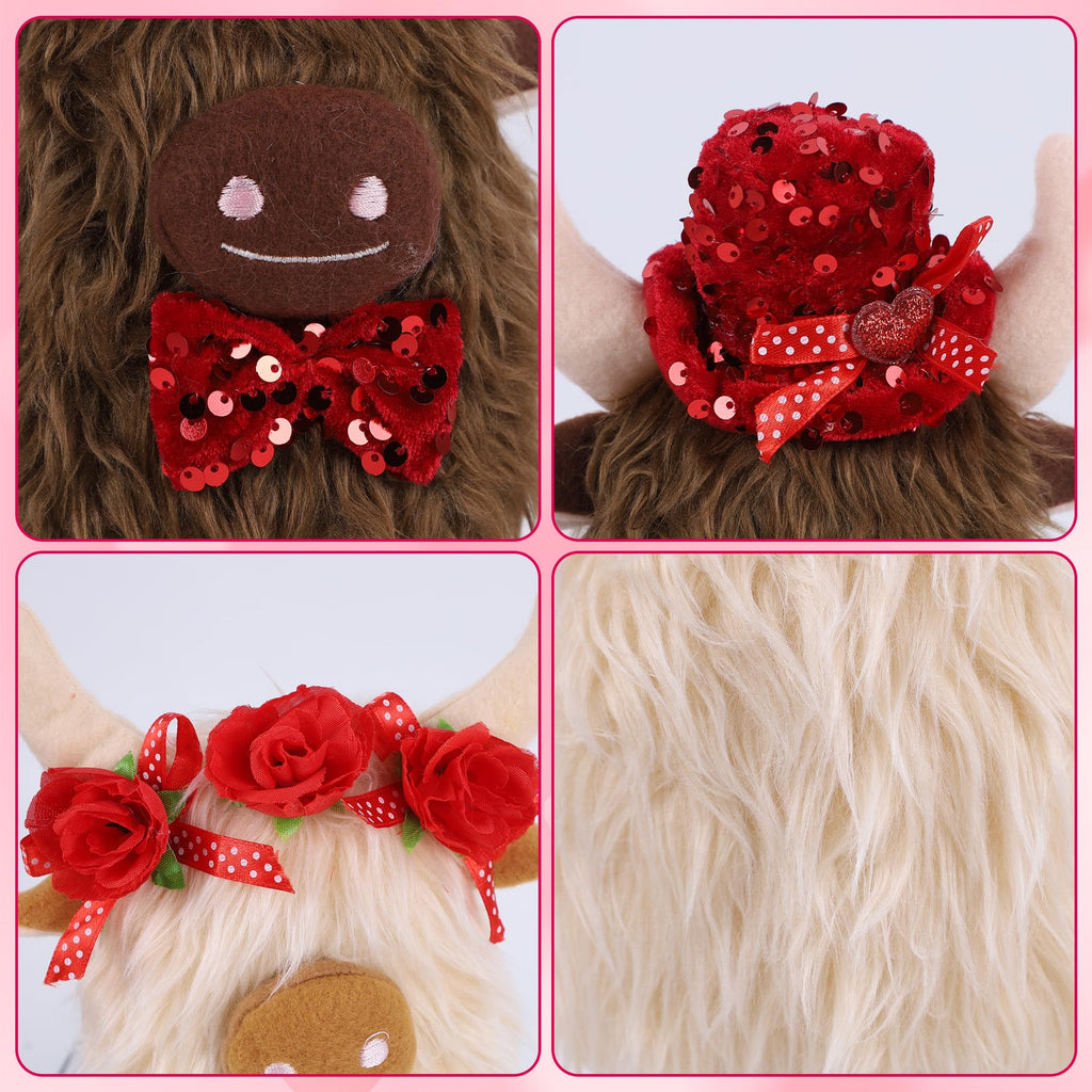 YOFIT 2 Pack Valentines Decorations for Home- Highland Cow Plush with Rose& Heart, Cute Valentine Day Desk & Shelf Display, Romantic Indoor Decor, Valentines Gift for Her/Him