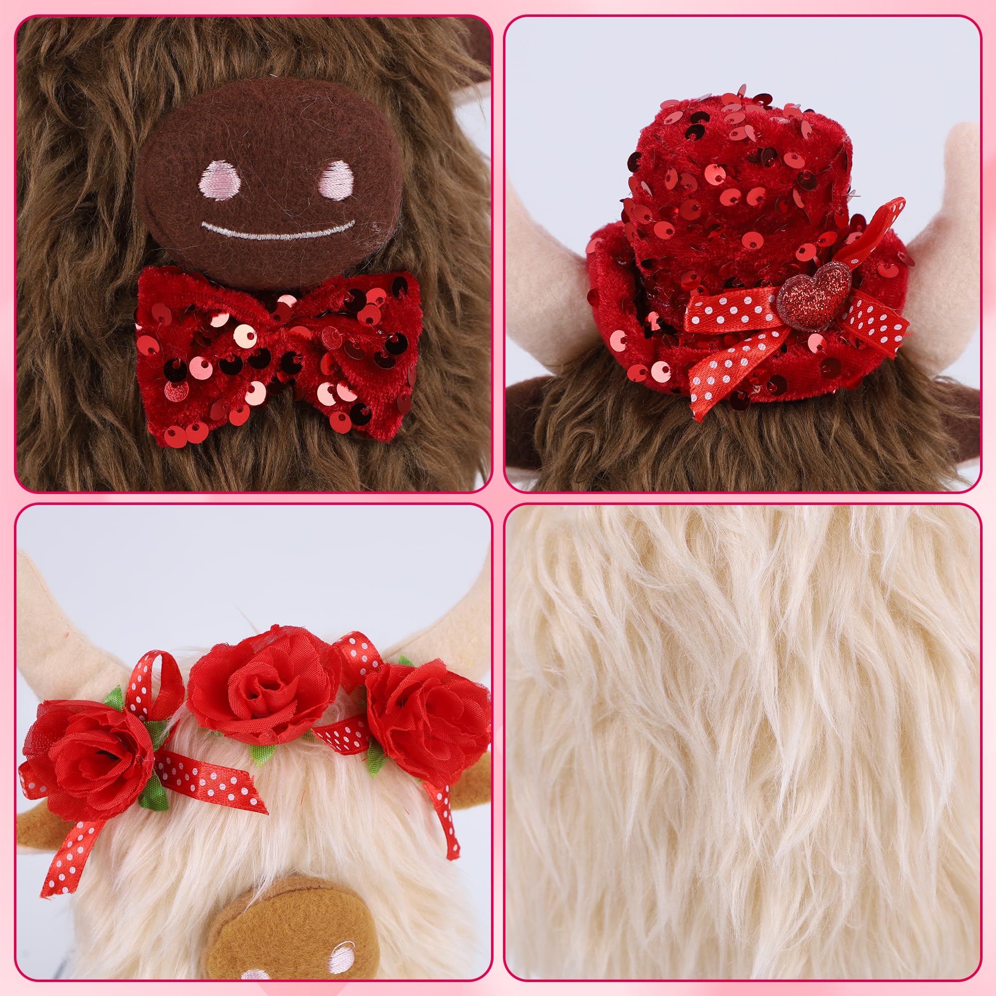 YOFIT 2 Pack Valentines Decorations for Home- Highland Cow Plush with Rose& Heart, Cute Valentine Day Desk & Shelf Display, Romantic Indoor Decor, Valentines Gift for Her/Him