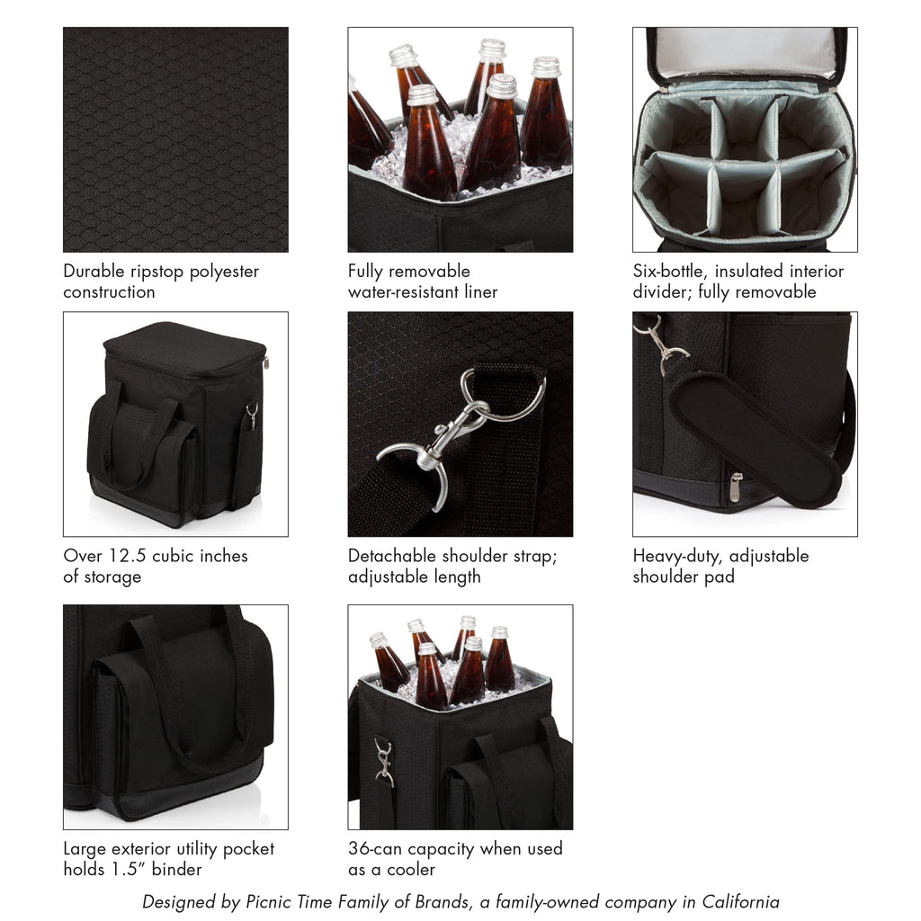 PICNIC TIME Cellar 6-Bottle Wine Carrier & Cooler Tote, Insulated Padded Wine Cooler Bag for Travel, Portable Bag with Polyester Exterior and Water-Resistant Base, (Black with Gray Accents)