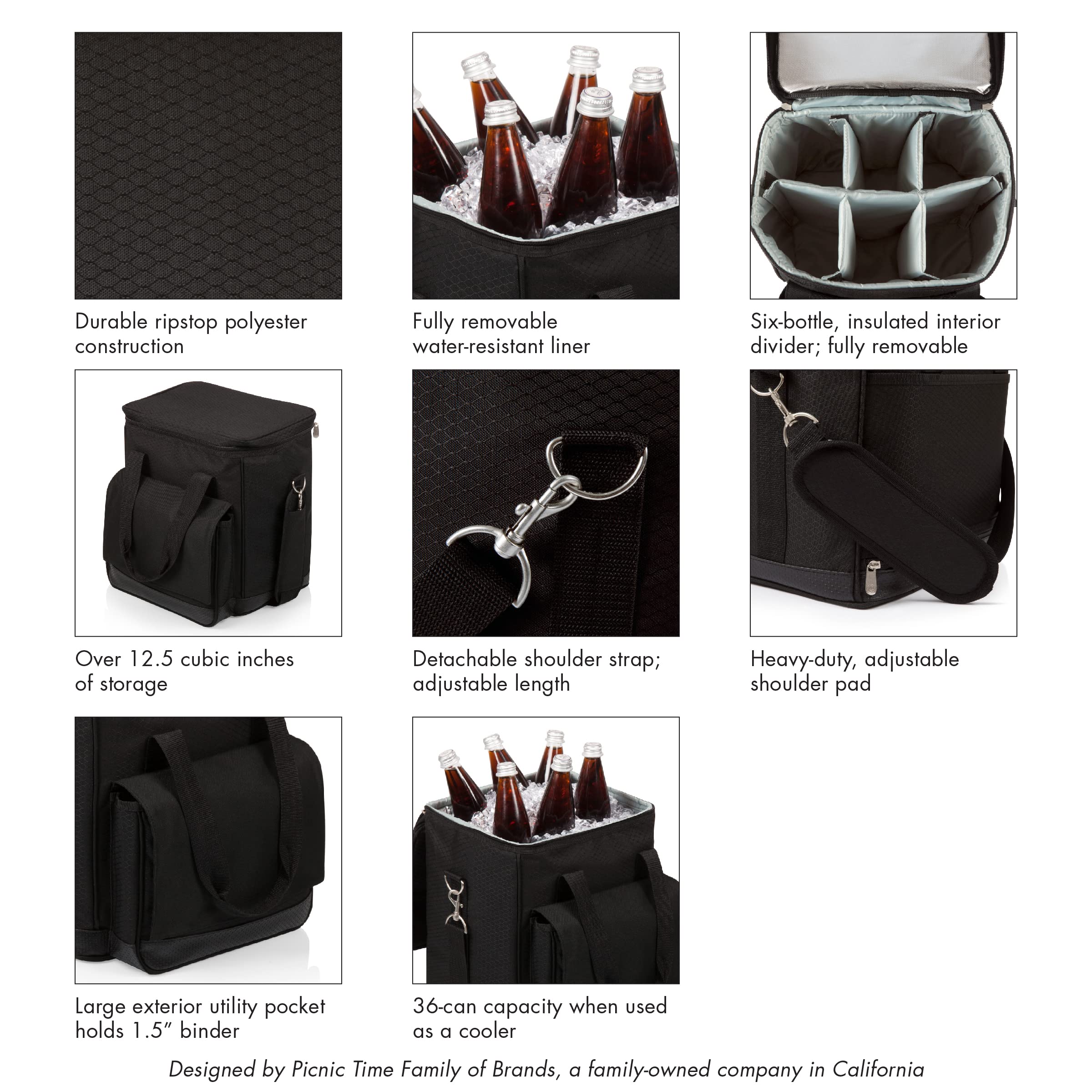 PICNIC TIME Cellar 6-Bottle Wine Carrier & Cooler Tote, Insulated Padded Wine Cooler Bag for Travel, Portable Bag with Polyester Exterior and Water-Resistant Base, (Black with Gray Accents)