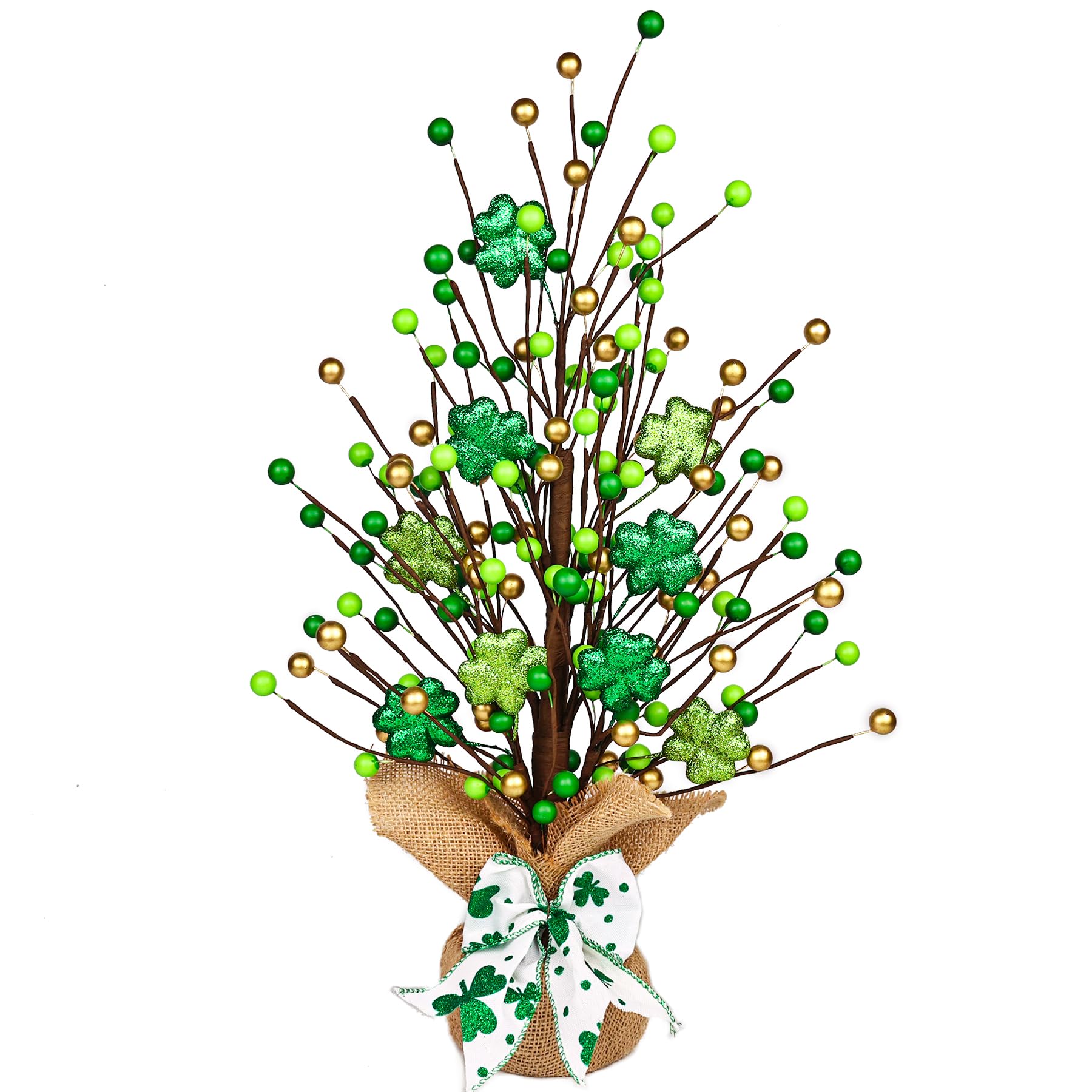 Lotus Hills St Patricks Day Decor, 20 Inch Shiny Shamrock Table Tree with Burlap Base and Bow, St Patricks Day Decorations, St Patricks Day Table Mantel Decor, Greenery Irish Shamrock Decorations