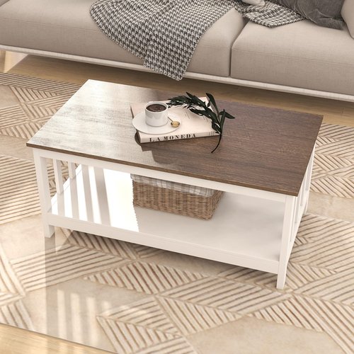 ChooChoo Farmhouse Coffee Table, White Living Room Table with Shelf, 40 Inch