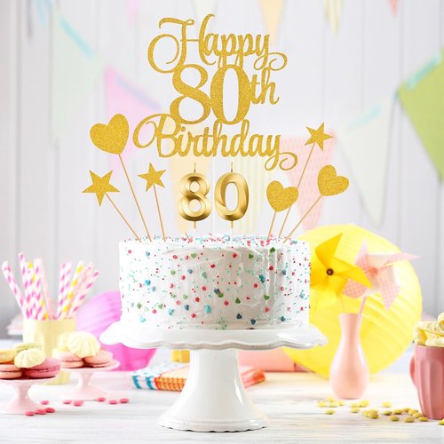 80th Birthday Cake Decorations Set - Glitter Happy 80th Birthday Toppers & Candles | Gold