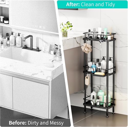 HapiRm Corner Shower Caddy - 3-Tier Rustproof Stainless Steel Organizer with Soap Holder & 4 Hooks | Black