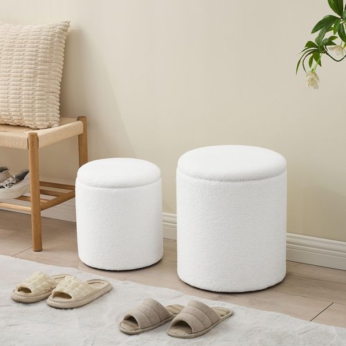 oakvivo Round Set of 2 Ottoman with Storage, Boucle Storage Ottoman Foot Stool, Soft Teddy Upholstered Small Vanity Stool, Ottomans Coffee Table Padded Seat Foot Rest for Living Room Bedroom, White