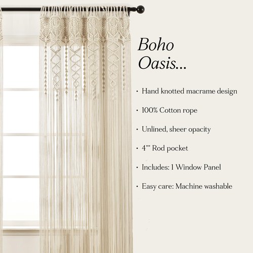 Lush Decor Boho Macrame Textured Cotton Window Curtain Panel Single 40" W x 63" L Neutral - Macrame Curtains for Windows, Room Divider, Boho Wall Decor