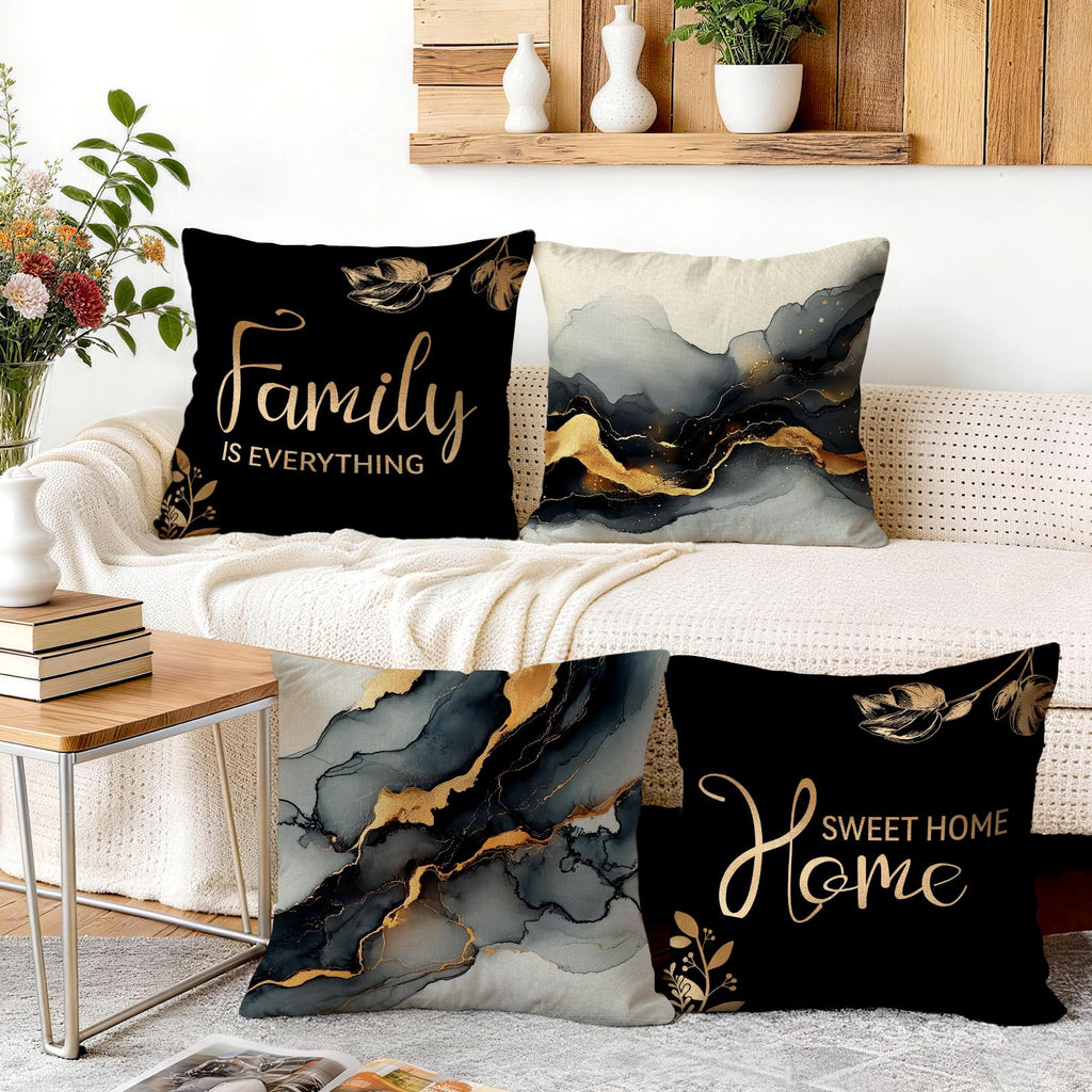 BEWQ Bless Home Black Gold Marble Throw Pillow Covers, 18X18 inch Set of 4 Square Modern Outdoor Pillow Cases Decorative Cushion Covers, for Home Couch Sofa Car Decor