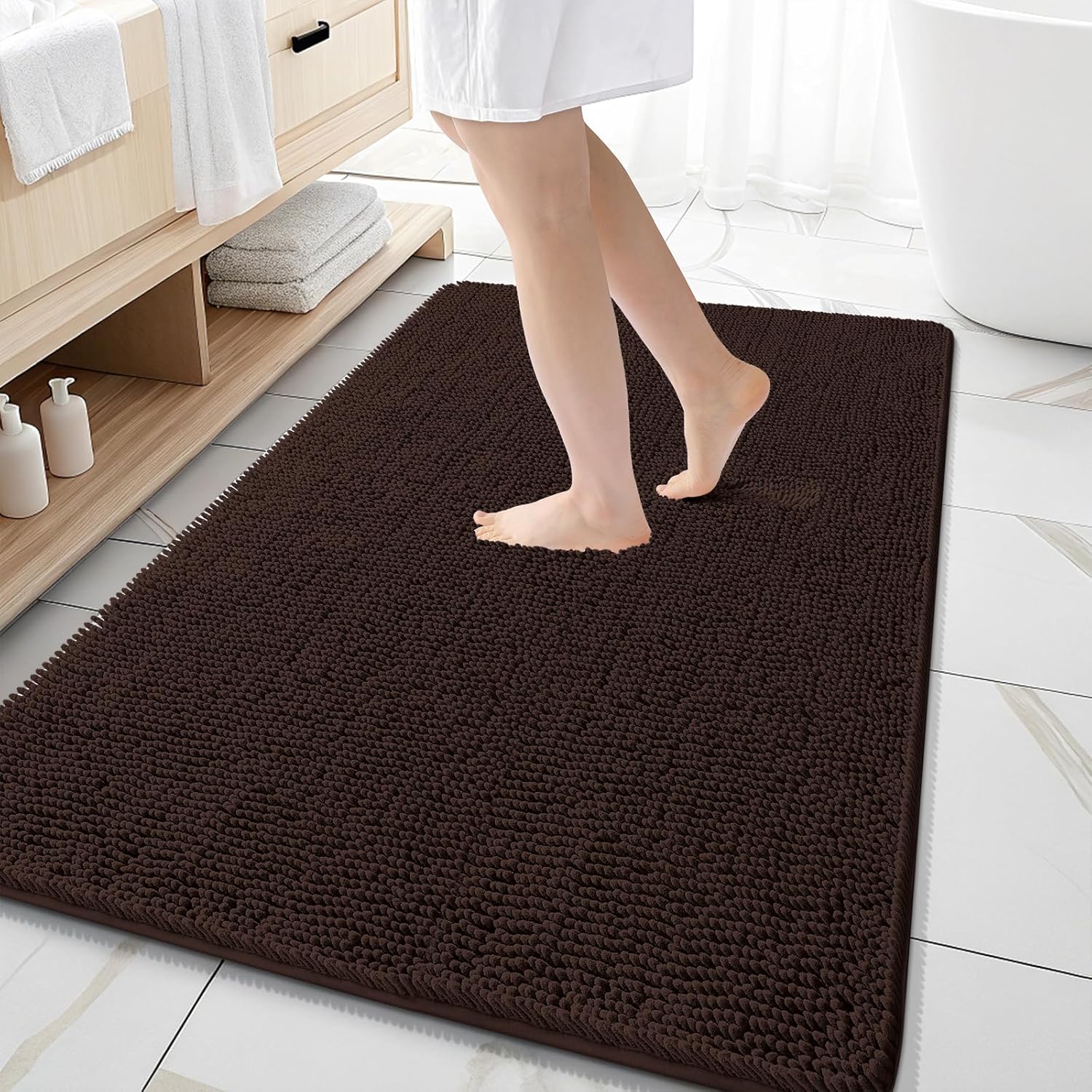 OLANLY Large Bathroom Rugs - Extra Soft Chenille Bath Mats | 59x35, Quick Dry, Machine Washable, Brown