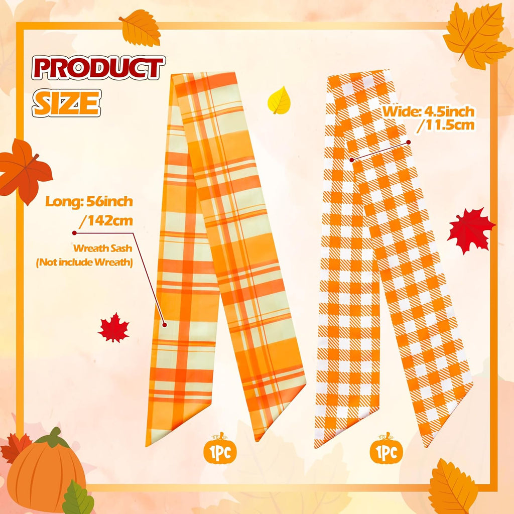 WATINC Wreath Sash - Autumn Orange 2pcs Buffalo Check DIY Bow for Front Door Decor | Thanksgiving Satin Accessories (56'' x 4.5'')
