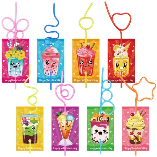 32 Pack Valentines Day Straws with Valentines Day Cards for Kids, Coloful Crazy Loop Reusable Drinking for Kids Girls Boys School Classroom Exchange Gifts Prizes, Valentine Party Favors