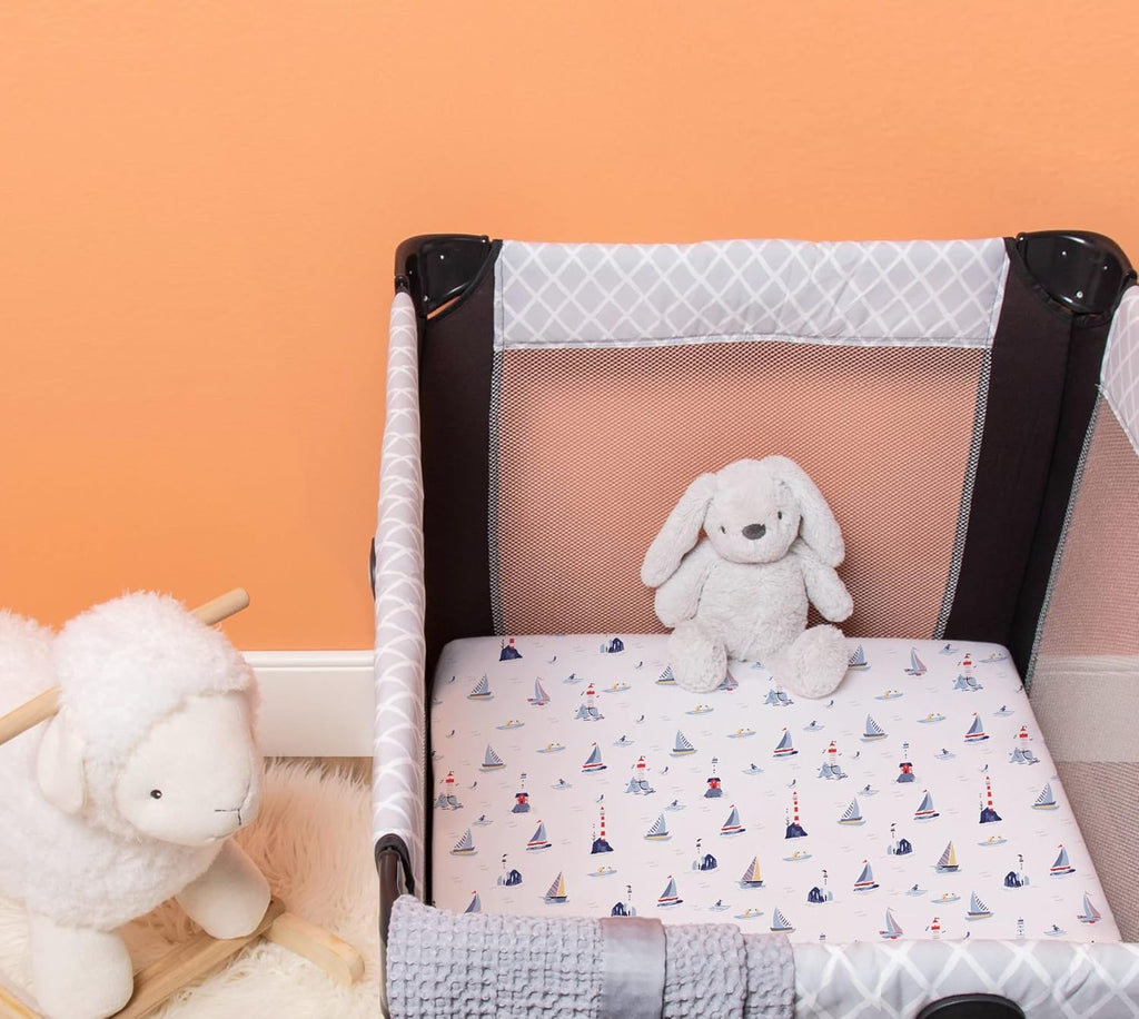 TotAha Premium Stretchy Pack N Play Playard Sheets - Hypoallergenic Mini Crib Sheets (2-Pack) | Silky Soft, All-Season Jersey-Knit 38 x 24 (Balloon & Sailboat)