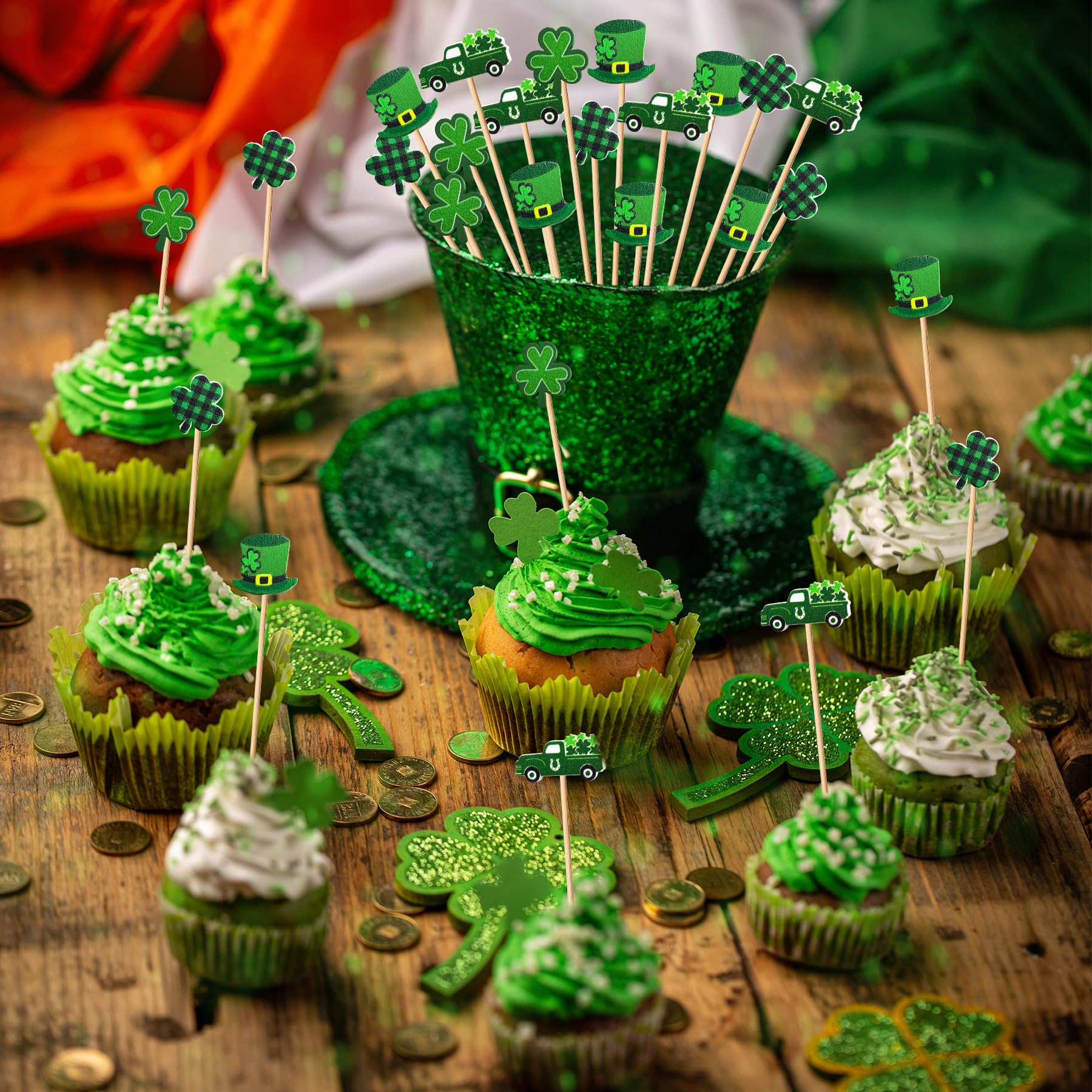 100 Pcs St Patrick's Day Shamrock Cocktail Picks Irish Green Hat Beer Clover Cupcake Toppers Disposable Party Shamrock Sticks for St. Patrick's Day Decoration Party(Truck Style)