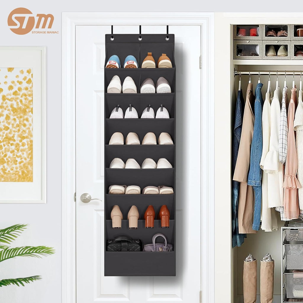 Storage Maniac Over The Door Shoe Organizer - Heavy-Duty Hanging Rack with Deep Pockets | Black, 1 Pack