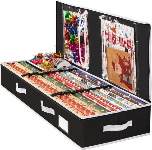 Criusia Gift Wrapping Paper Organizer - Durable Underbed Storage for 24 Rolls with Removable Dividers | Black