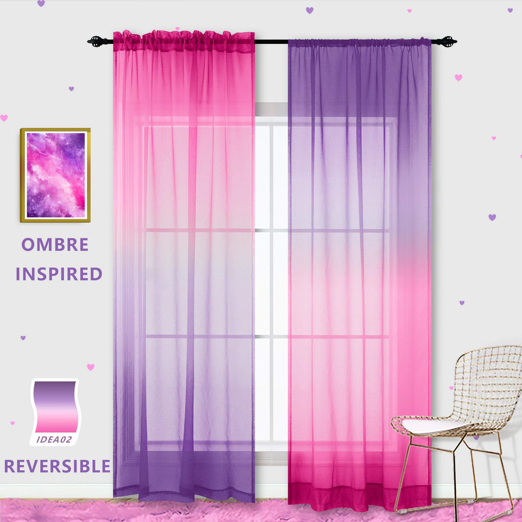 Sheer Curtains for Little Girls Bedroom, Kawaii Cute Preppy Teen Toddler Ombre Rainbow Curtains for Nursery Kids Room Decor Aesthetic, Wide 52 x 84 Inches Long 2 Panels Set, Pink and Purple Lilac