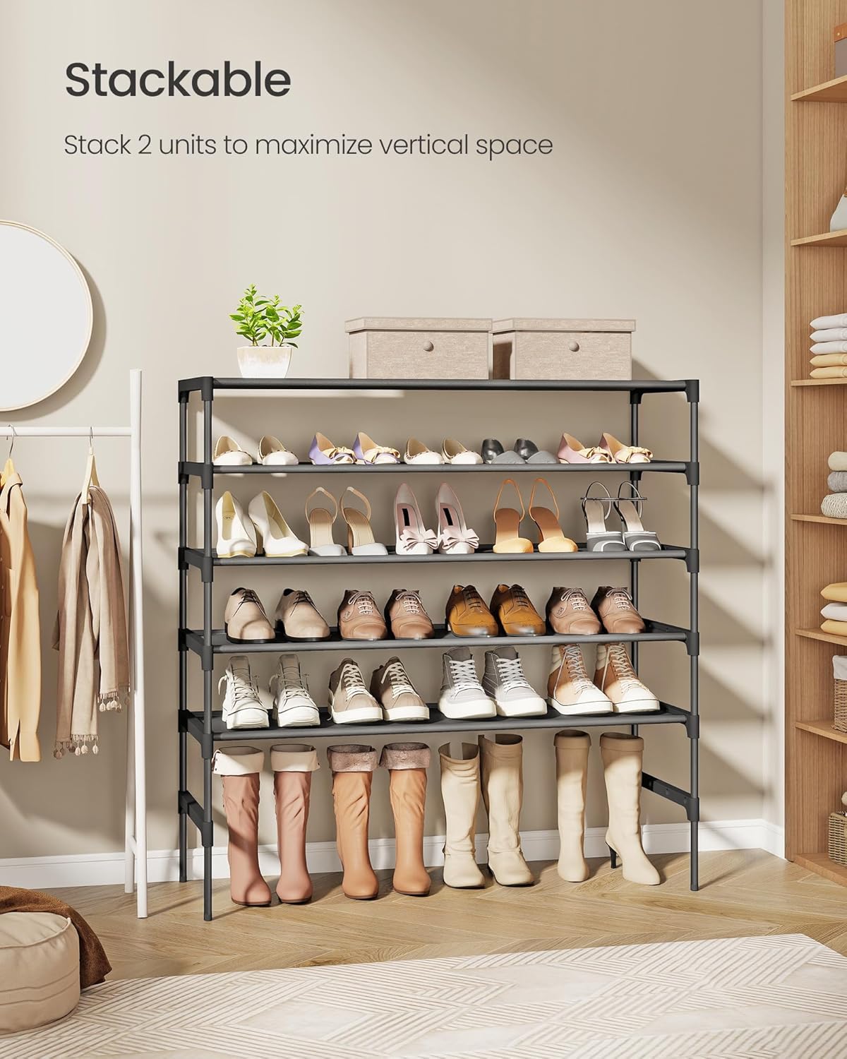 SONGMICS Shoe Rack - 3-Tier Space-Saving Organizer with Metal Frame & Non-Woven Shelves | Ink Black, 11.7 x 36.1 x 21 Inches