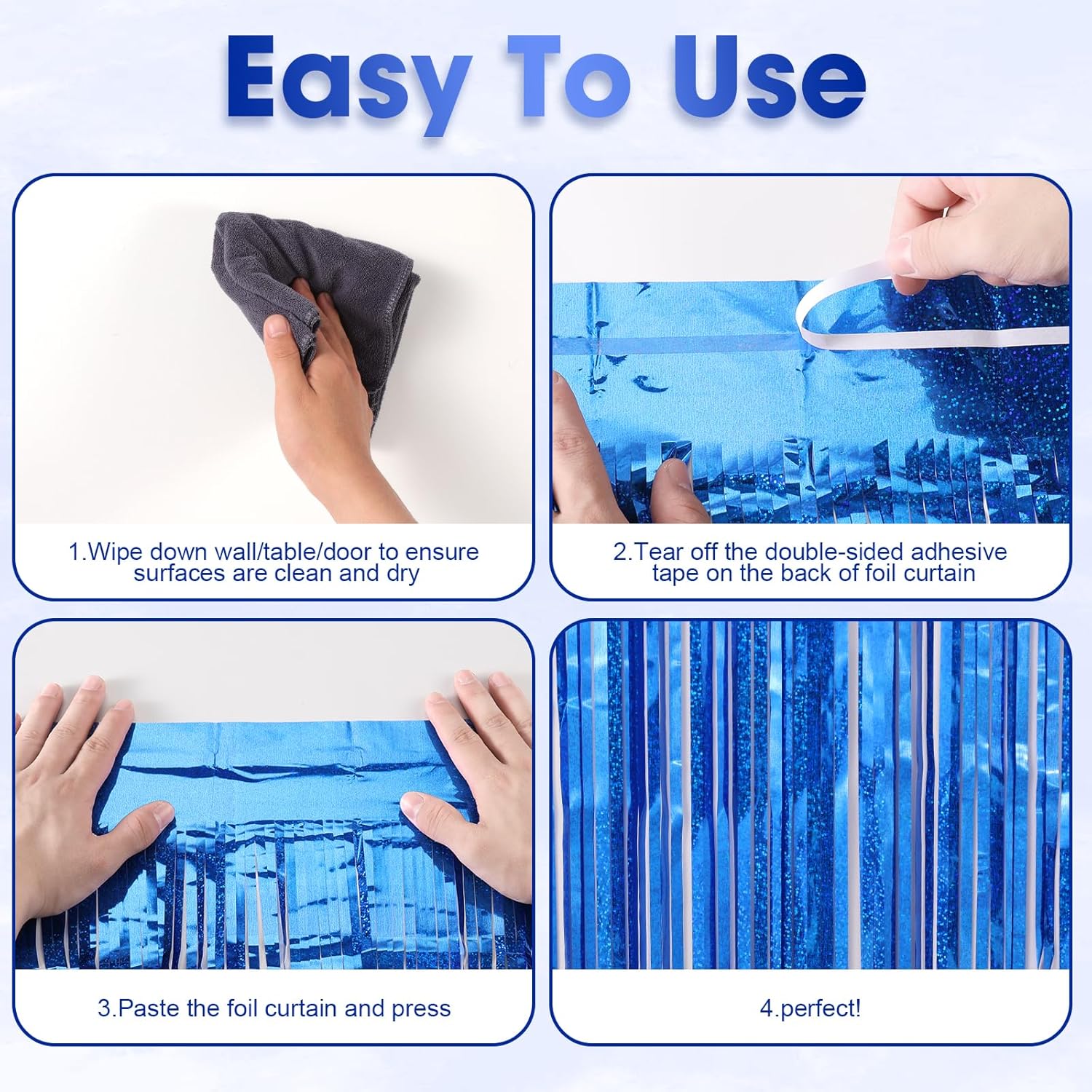 Voircoloria Laser Blue Foil Fringe Backdrop Curtains - 3 Pack | 3.3 x 8.2 ft Party Decorations for Graduation, Baby Shower, & More