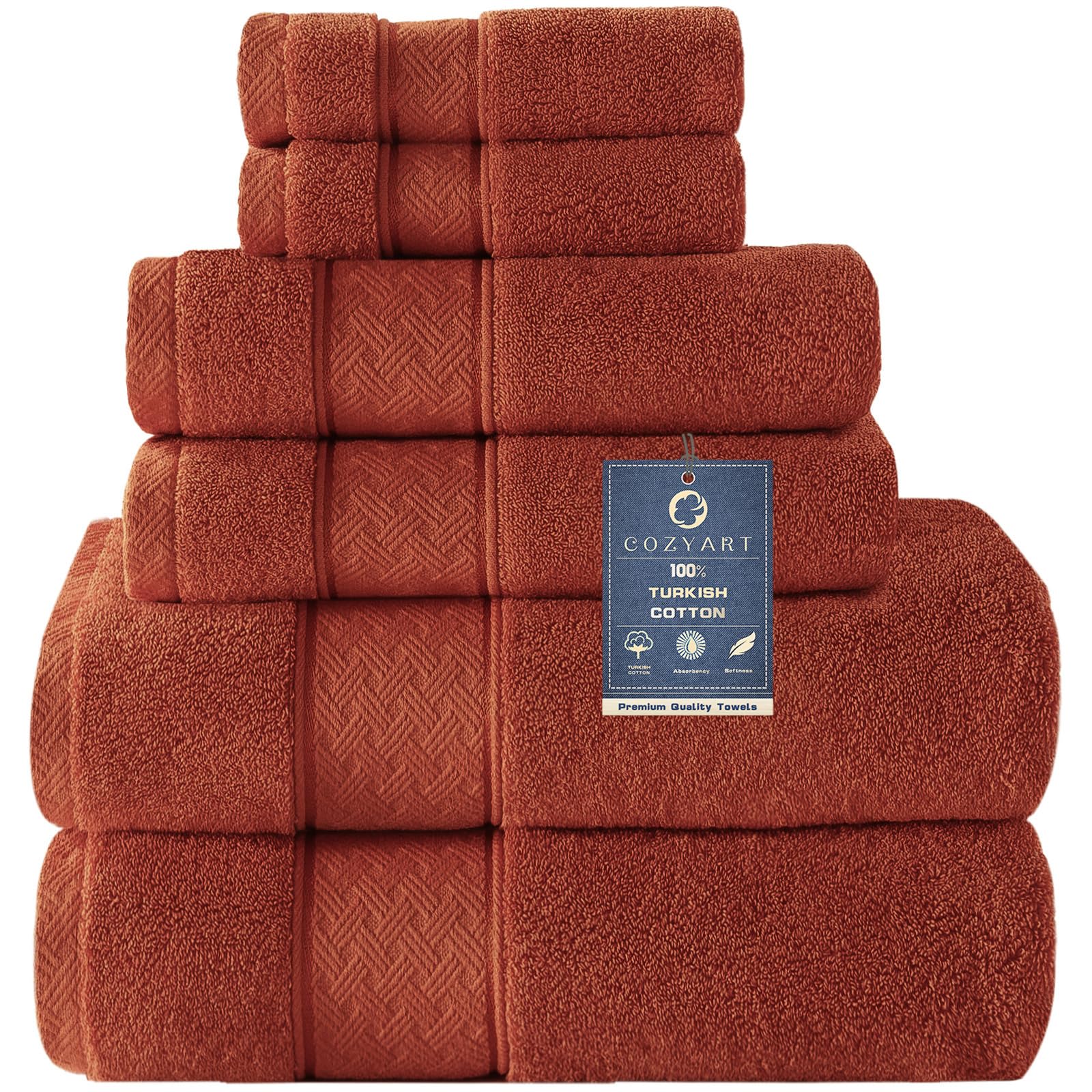 COZYART Burnt Orange Bath Towel Set 6 Piece, 100% Zero Twist Ring Spun Turkish Cotton 650GSM, Ultra Soft Absorbent Fast Dry Hotel Quality Bathroom Towels
