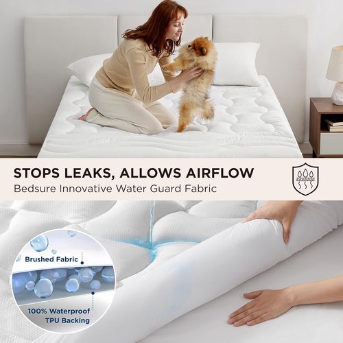 Bedsure Waterproof Mattress Protector - Quilted Fitted Pad for Queen Size Beds | Noiseless, Machine Washable, White, 60x80 Inches