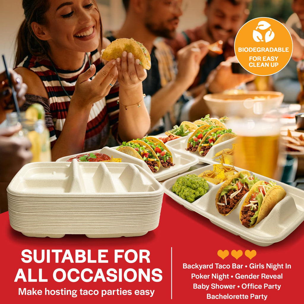 Disposable Taco Plates for 2 Tacos & 2 Sides – 25 PACK | Premium Paper Plates with Dividers, Fiesta Taco Holder, Taco Stand for Taco Tuesday & Taco Bar Serving Set Taco Plates (25 Plates) (Beige)