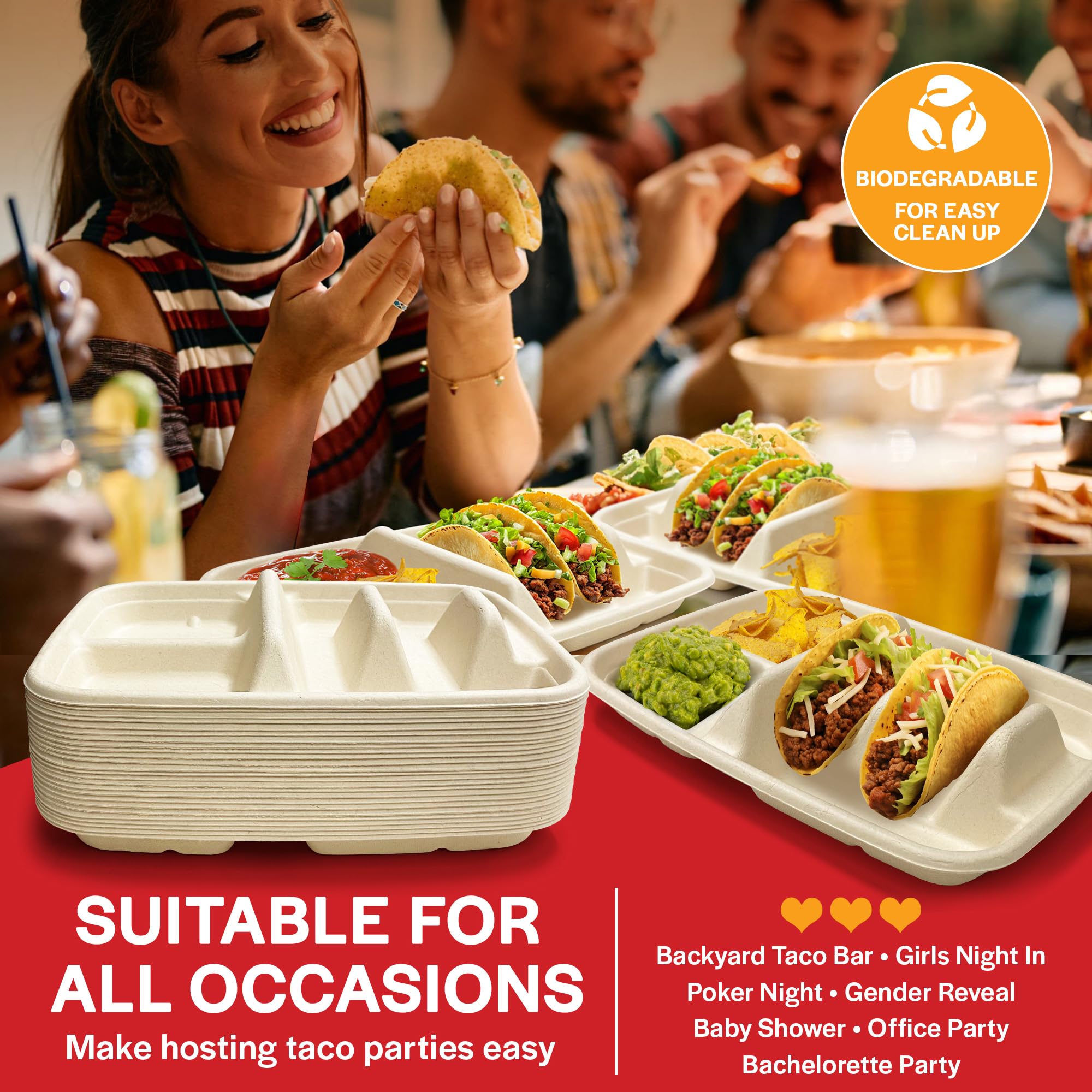 Disposable Taco Plates for 2 Tacos & 2 Sides – 25 PACK | Premium Paper Plates with Dividers, Fiesta Taco Holder, Taco Stand for Taco Tuesday & Taco Bar Serving Set Taco Plates (25 Plates) (Beige)