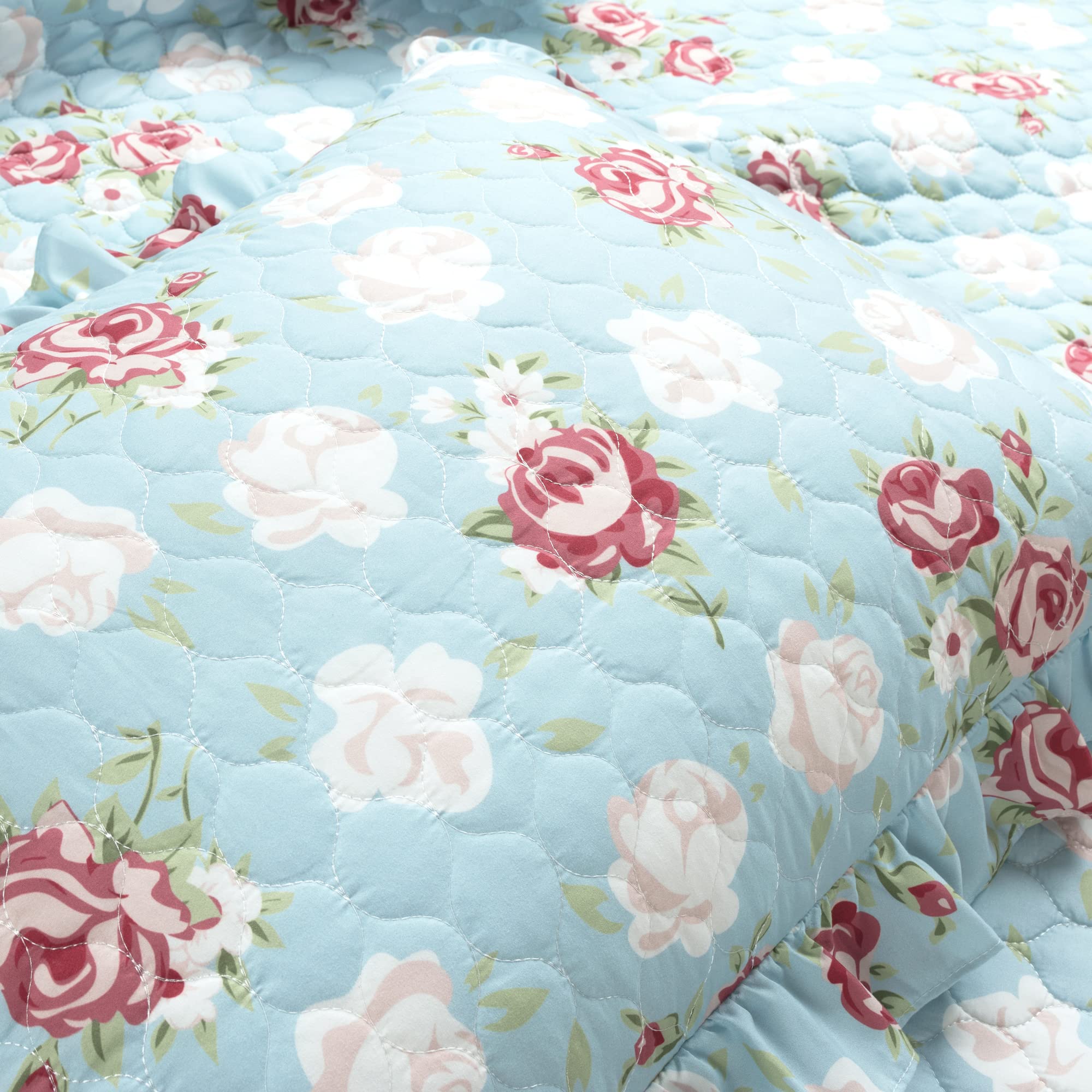 Lush Decor Cottage Core Floral Ruffle Reversible Oversized 3 Piece Quilt Set, King/Cal King, Blue & Blush