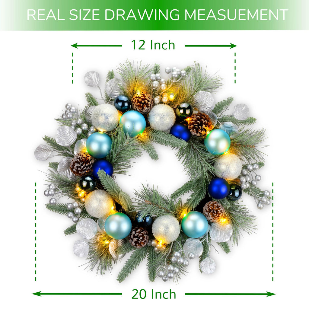 YULETIME 20-inch Christmas Wreath, Battery Operated Holiday Wreath with 20 Fairy Lights, Blue Baubles, Silvery Berries, Pine Cones, Silvery Leaves, Frosted Spruce Branches and Pine Needles (Blue)
