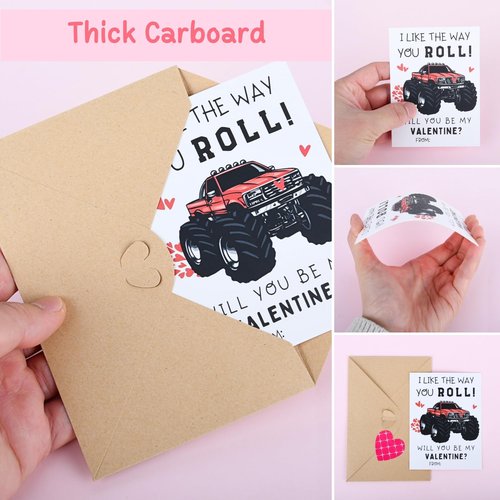 VIZAUZIE Monster Truck Valentines Cards for Kids - 48 Packs Valentine Day Cards Classroom for Boys - School Valentine's Card Bulks with Envelopes & Heart Stickers
