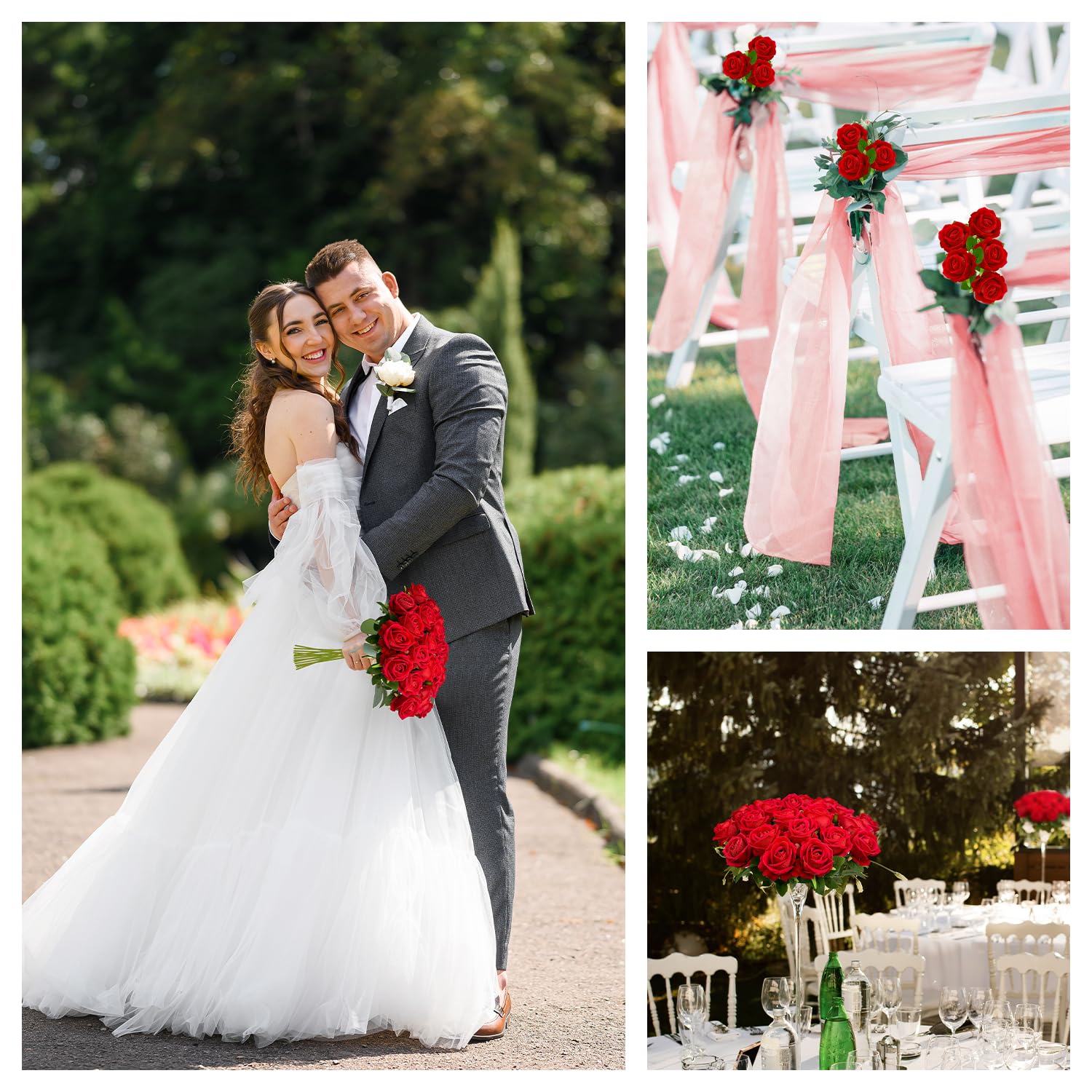 Wondrus Bulk Artificial Flowers 50 PCS, Fake Velvet Silk Red Roses with Long Stems Realistic Bouquet for Wedding Centerpieces, Faux Arrangement for Home Table Decor