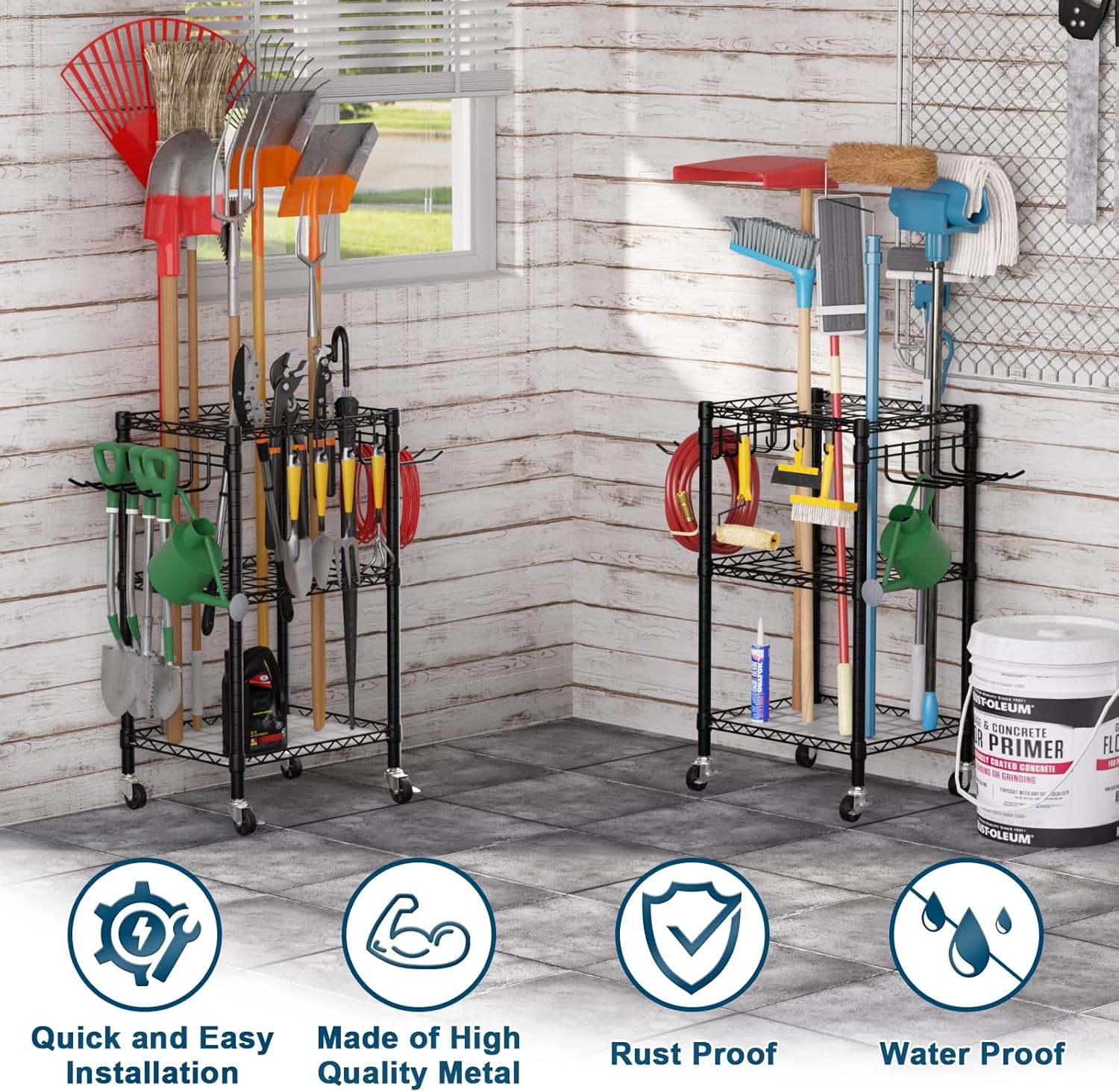 **T1 Garden Tool Organizer - Heavy Duty Freestanding Storage with Lockable Wheels | Holds Up to 50 Tools, Black**