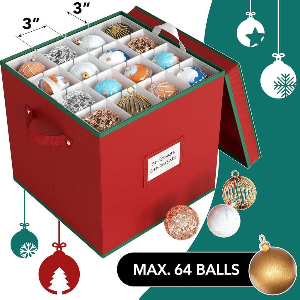 Simple Houseware Heavy-Duty Christmas Ornament Storage Box - Adjustable Dividers, Holds 64 Ornaments, Red
