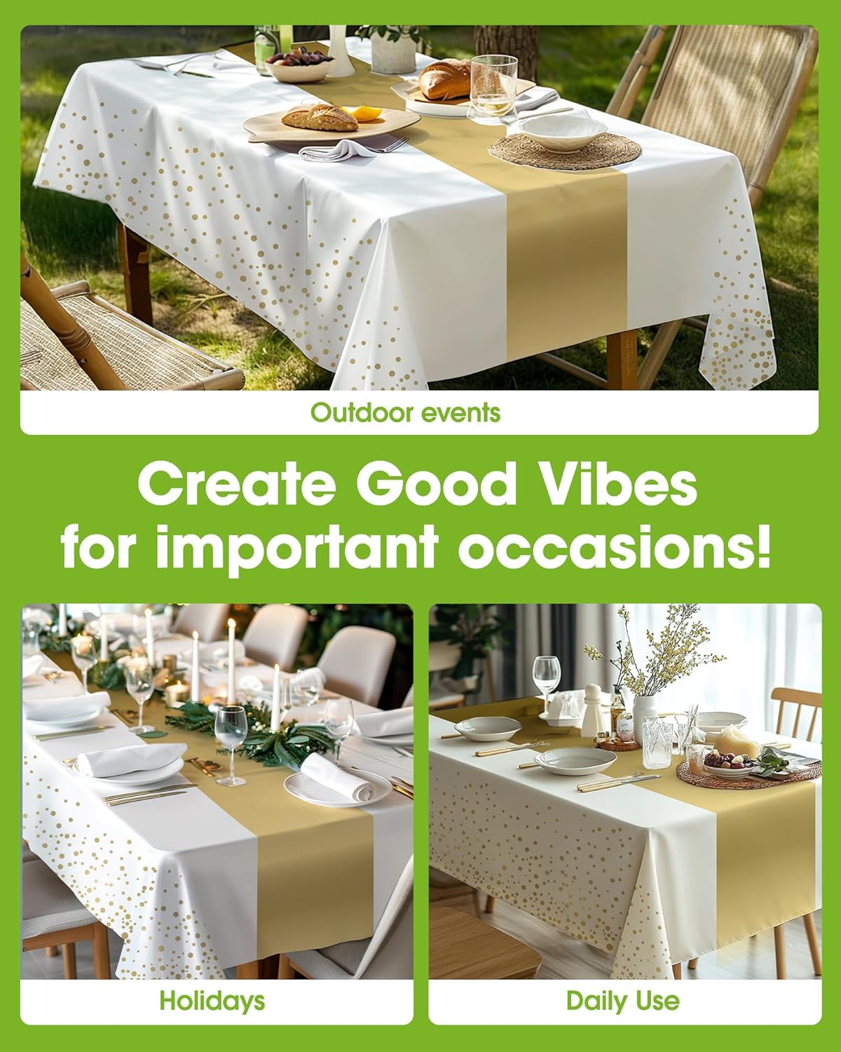 Pureegg Disposable Plastic Tablecloths - 8 Pack, 54 x 108 Inch, Leakproof & Sturdy, White Gold
