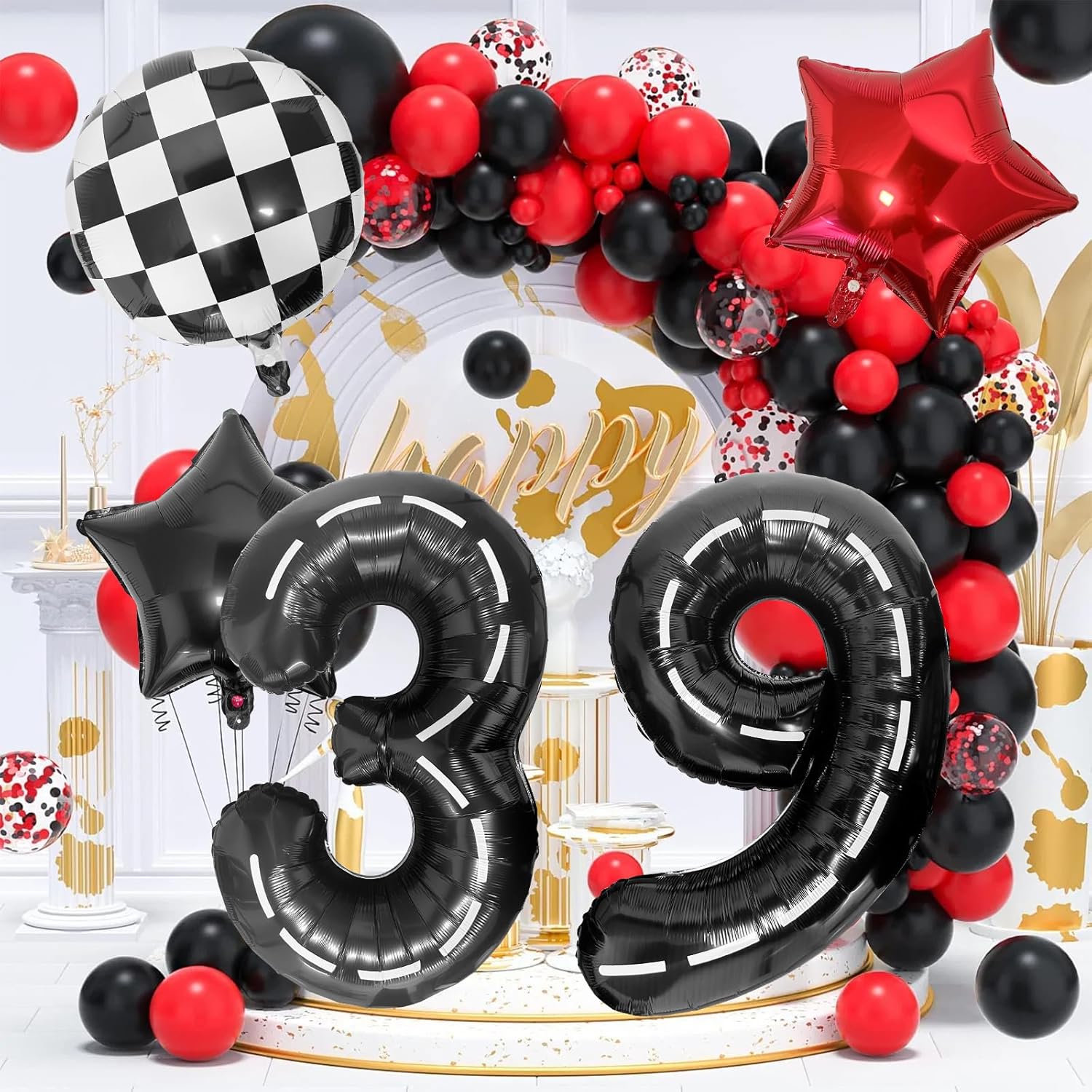 Race Car 9 Balloon - 40 Inch Checkered Star Balloon for Boys' 9th Birthday Party Supplies