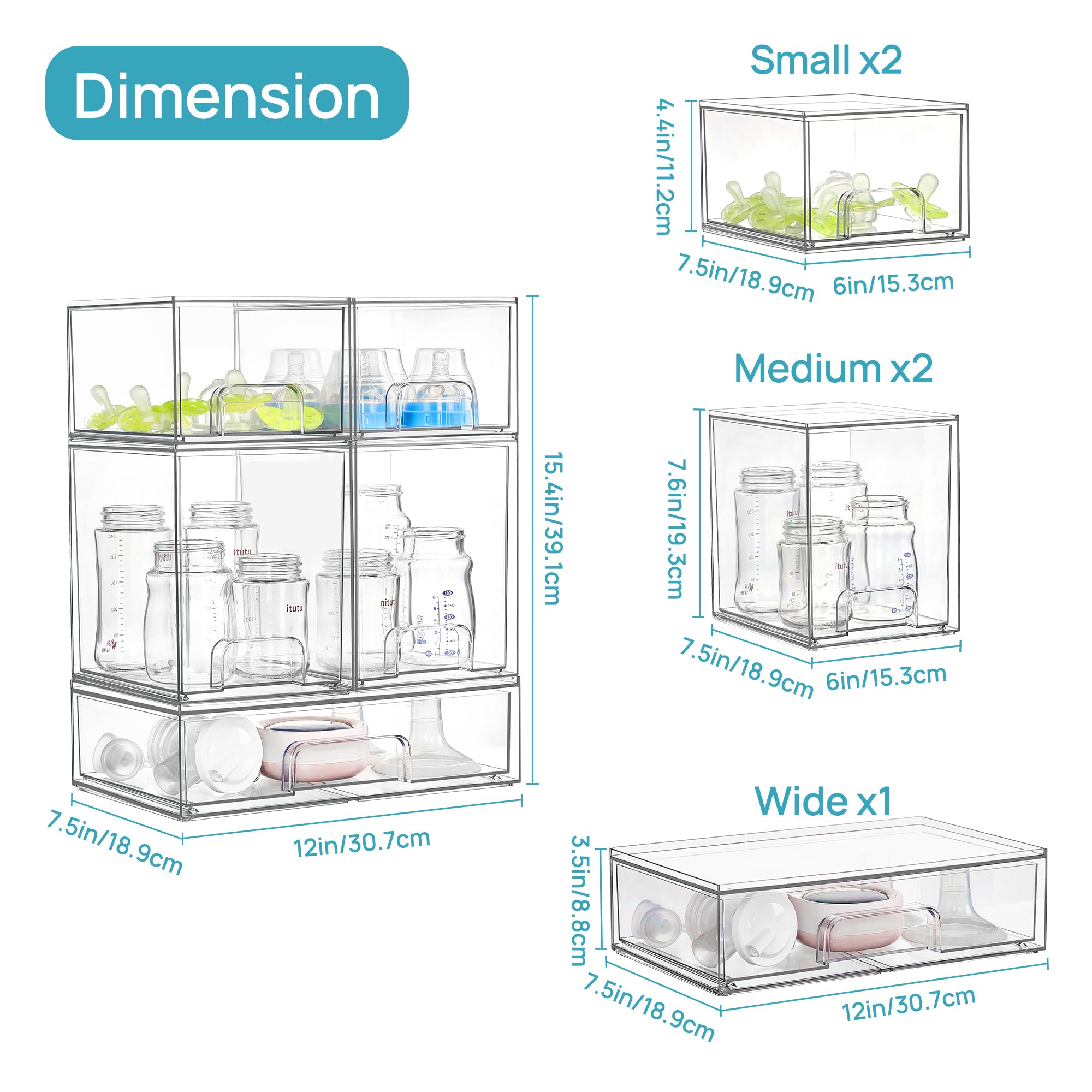 Vtopmart Stackable Storage Drawers Set of 5, Clear Plastic Organizer Bins for Baby Bottle, Beauty Supplies Storage, Ideal for Kichen Countertop, Vanity, Bathroom, Cabinet, Pantry Organization